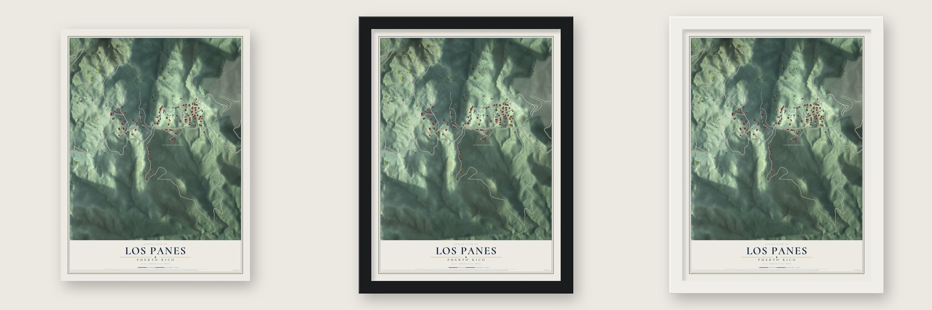 Los Panes, Puerto Rico map unframed, in a black wood frame and in a white wood frame
