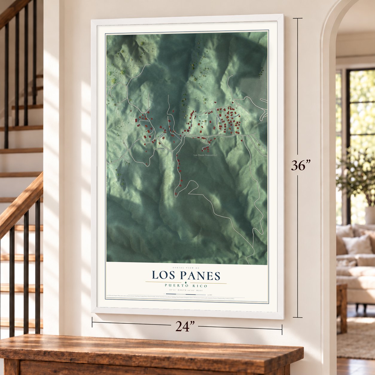 Los Panes, Puerto Rico map, 24 x 36 inch print in a white frame by a staircase