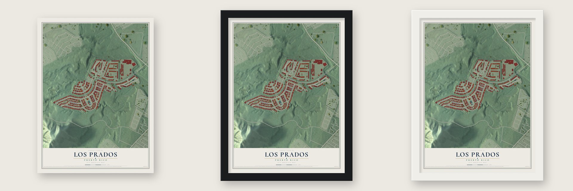 Los Prados, Puerto Rico map unframed, in a black wood frame and in a white wood frame