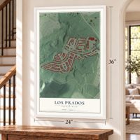 Los Prados, Puerto Rico map, 24 x 36 inch print in a white frame by a staircase