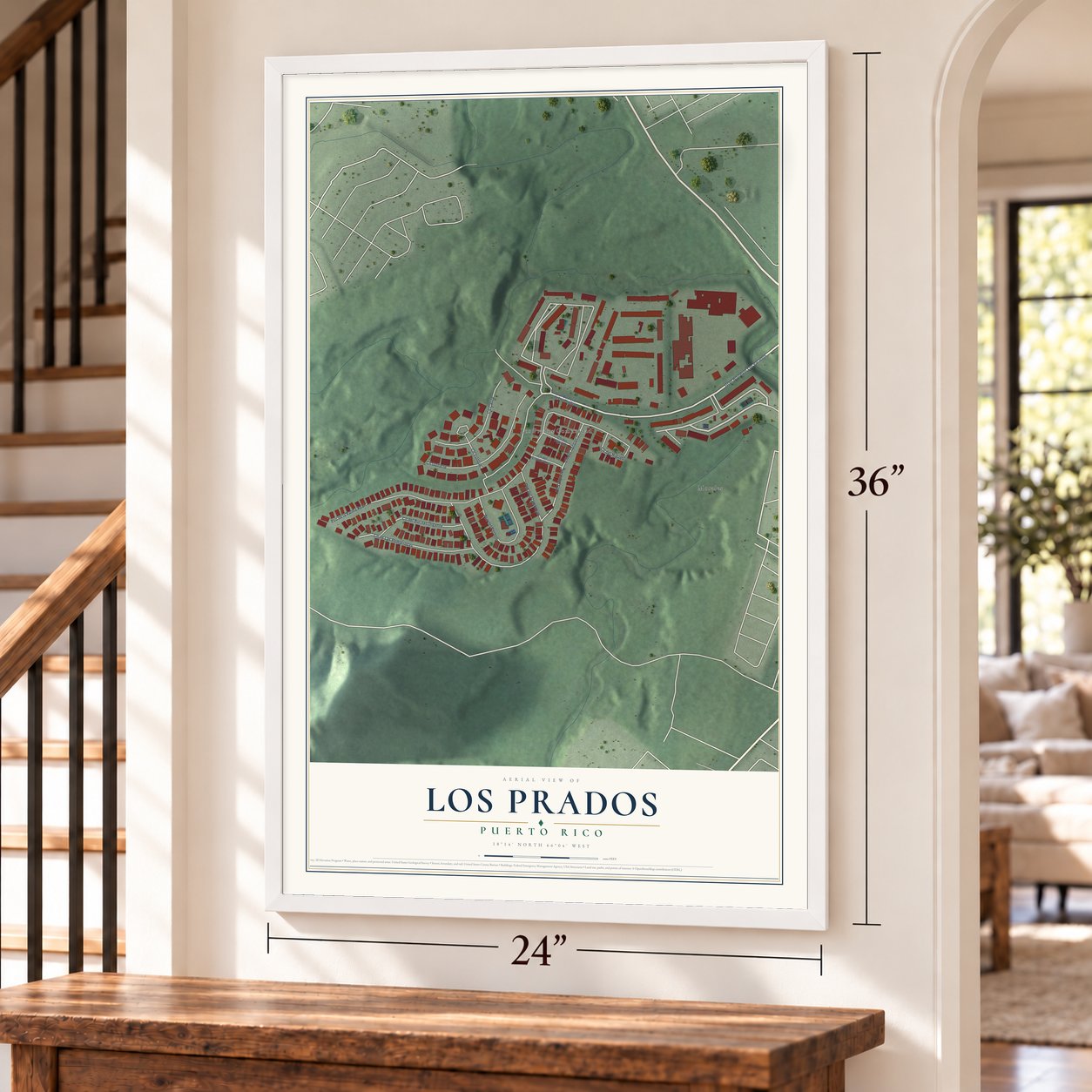 Los Prados, Puerto Rico map, 24 x 36 inch print in a white frame by a staircase