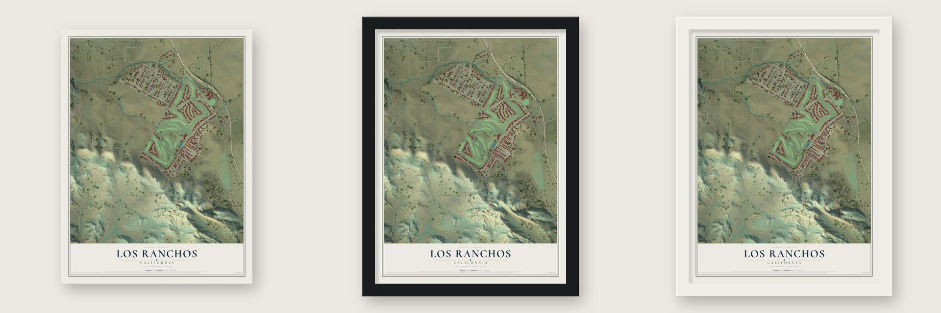 Los Ranchos, California map unframed, in a black wood frame and in a white wood frame