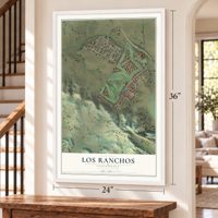 Los Ranchos, California map, 24 x 36 inch print in a white frame by a staircase
