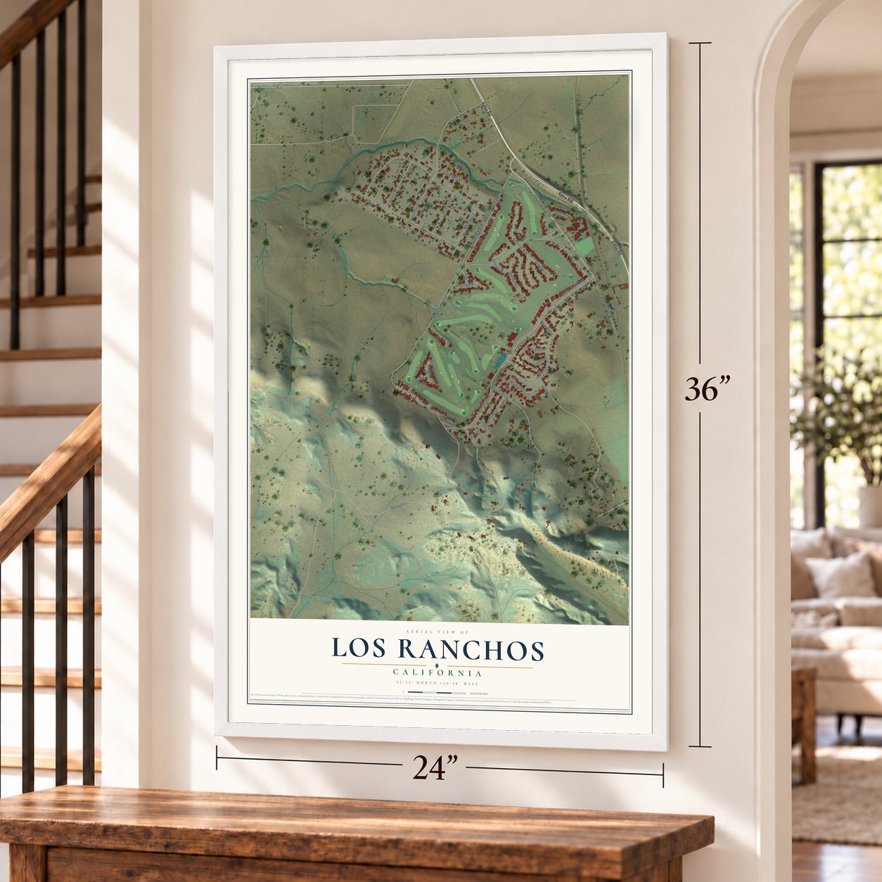 Los Ranchos, California map, 24 x 36 inch print in a white frame by a staircase