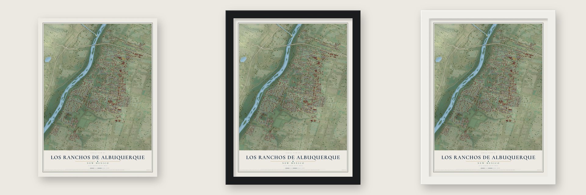 Los Ranchos de Albuquerque, New Mexico map unframed, in a black wood frame and in a white wood frame