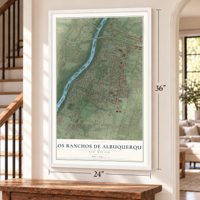 Los Ranchos de Albuquerque, New Mexico map, 24 x 36 inch print in a white frame by a staircase