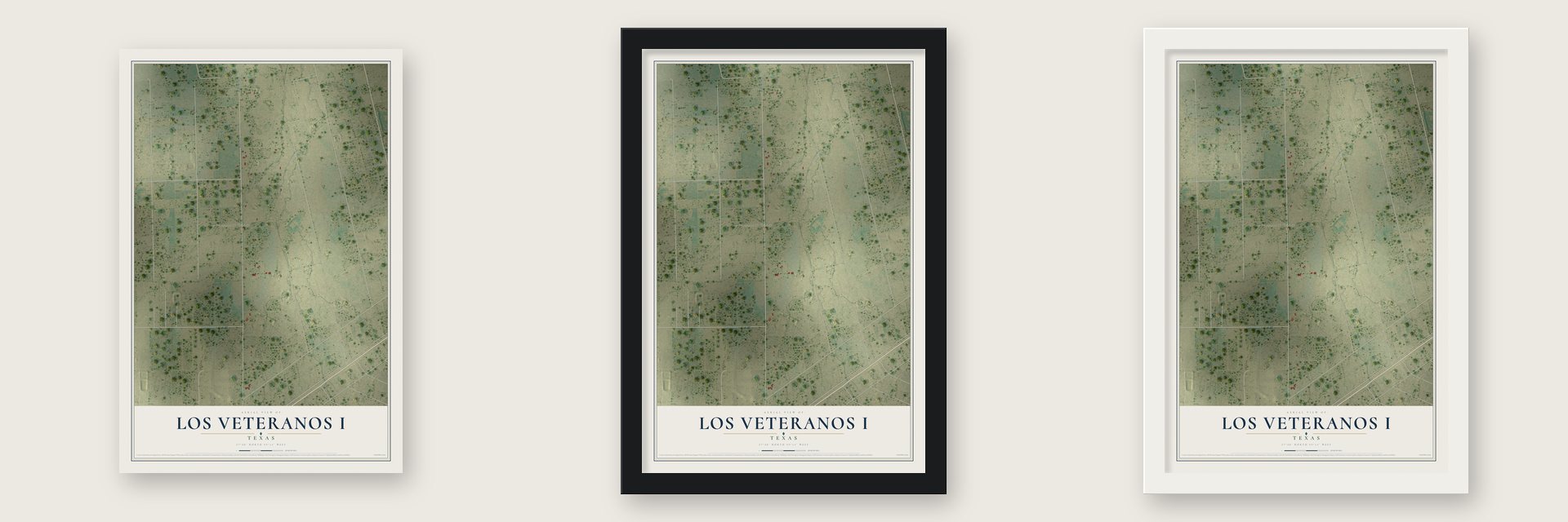 Los Veteranos I, Texas map unframed, in a black wood frame and in a white wood frame