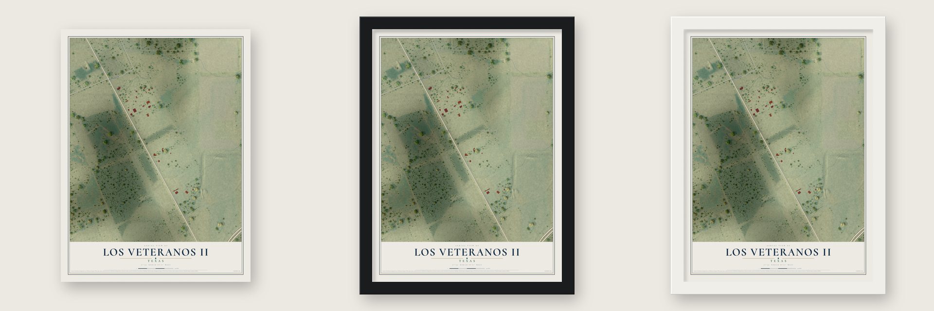 Los Veteranos II, Texas map unframed, in a black wood frame and in a white wood frame