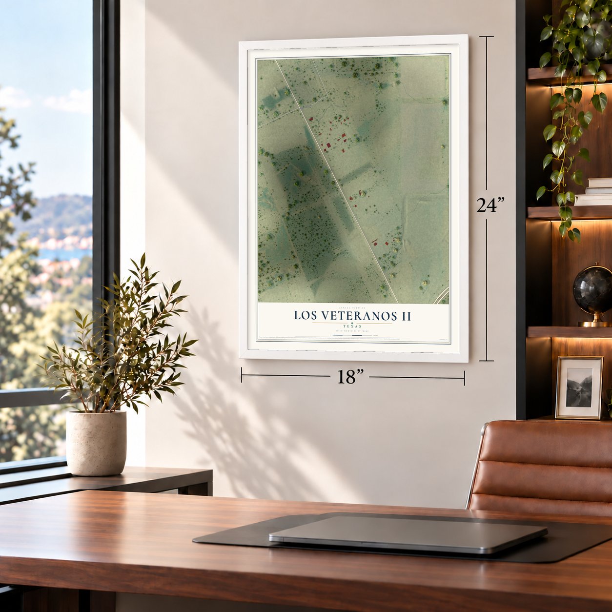 Los Veteranos II, Texas map, 18 x 24 inch print in a white frame in a home office