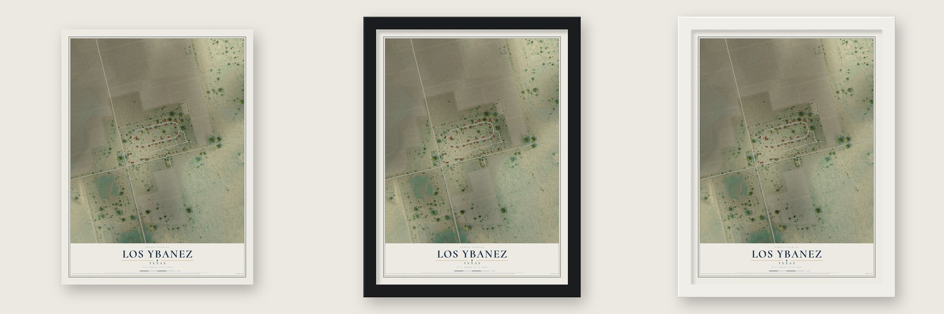 Los Ybanez, Texas map unframed, in a black wood frame and in a white wood frame