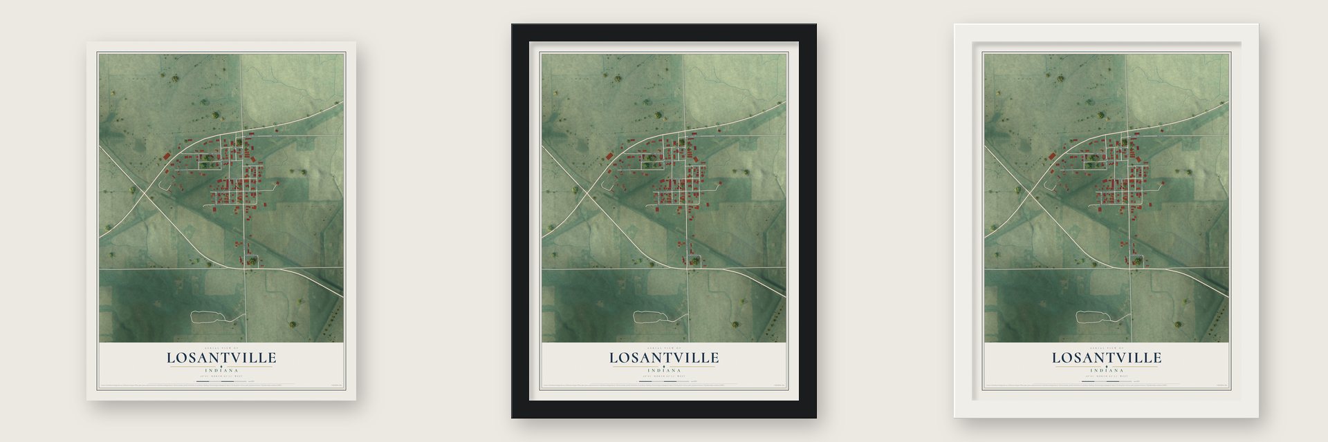 Losantville, Indiana map unframed, in a black wood frame and in a white wood frame
