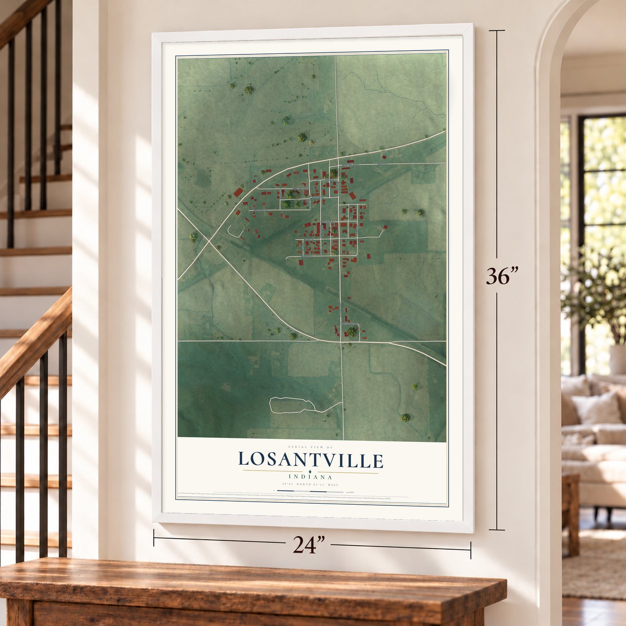 Losantville, Indiana map, 24 x 36 inch print in a white frame by a staircase