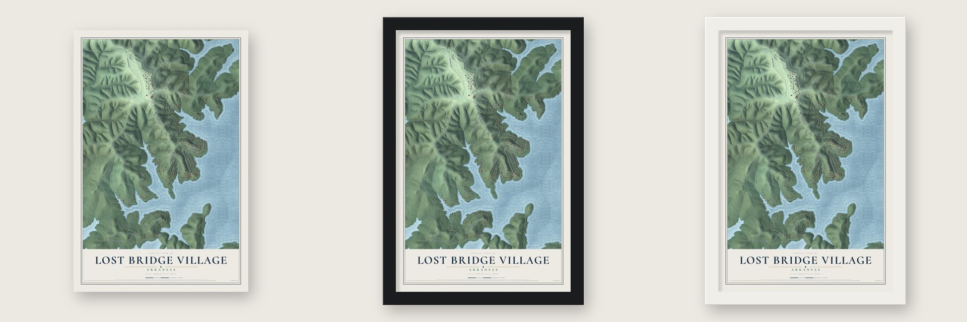 Lost Bridge Village, Arkansas map unframed, in a black wood frame and in a white wood frame