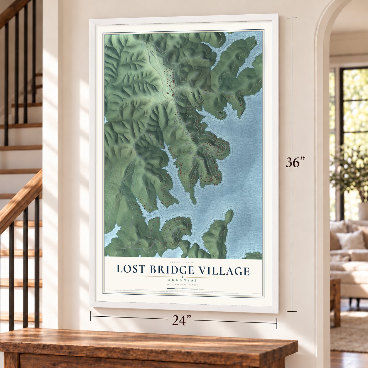 Lost Bridge Village, Arkansas map, 24 x 36 inch print in a white frame by a staircase