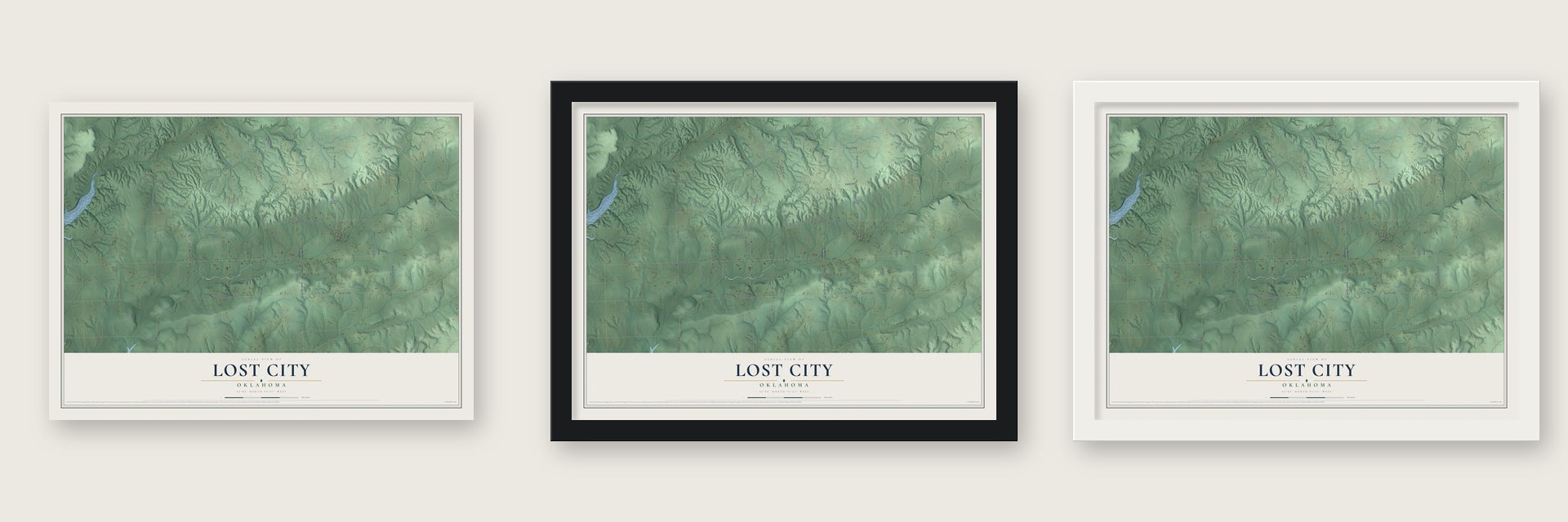 Lost City, Oklahoma map unframed, in a black wood frame and in a white wood frame