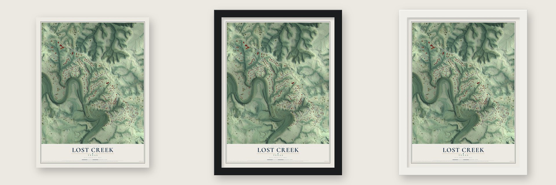 Lost Creek, Texas map unframed, in a black wood frame and in a white wood frame