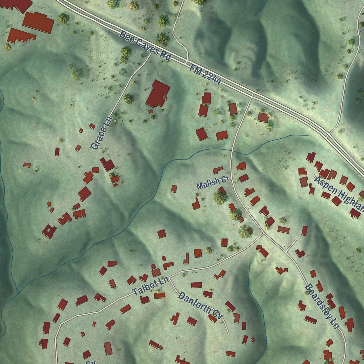 Second close-up of the map of Lost Creek, Texas print showing more streets and buildings