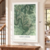 Lost Creek, Texas map, 24 x 36 inch print in a white frame by a staircase