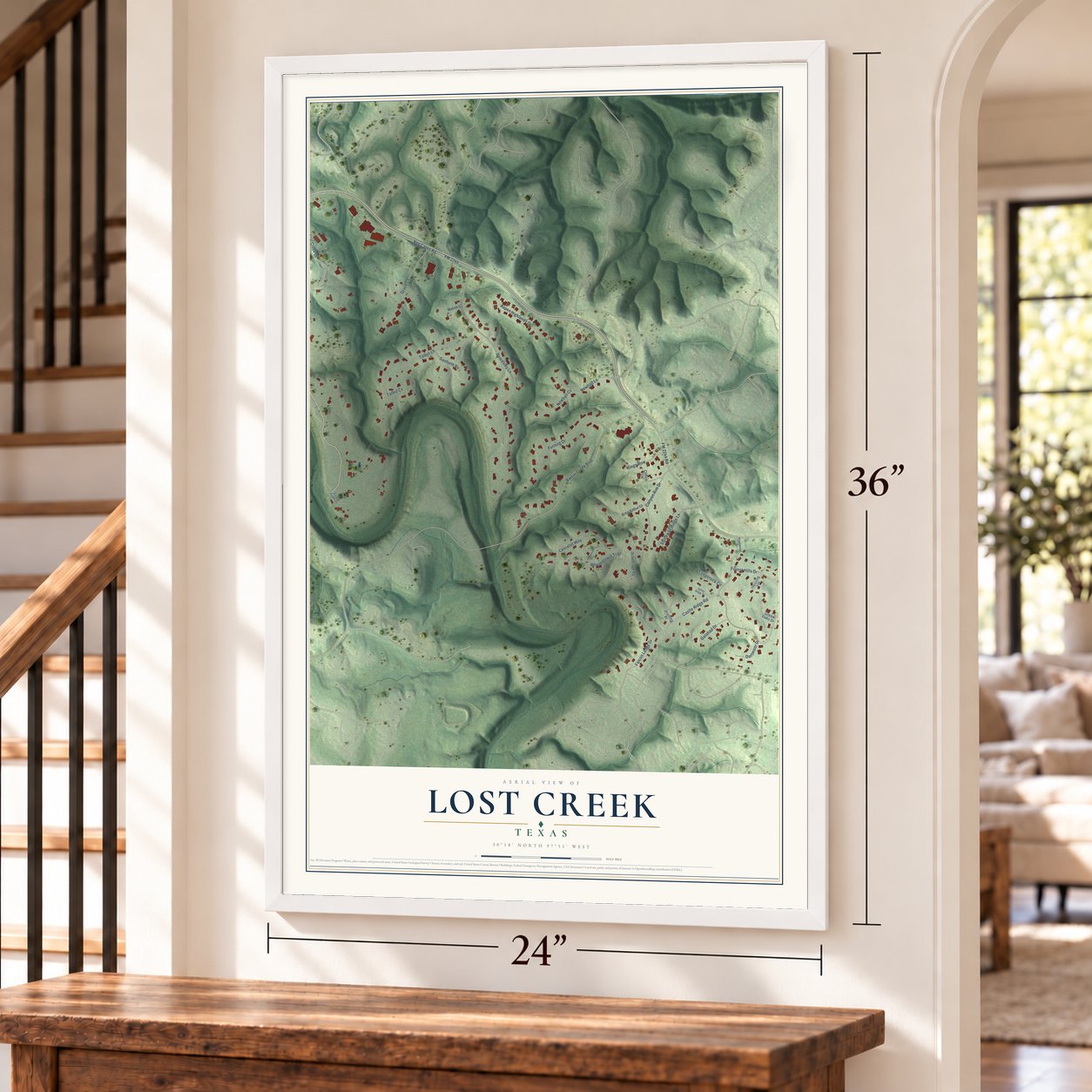 Lost Creek, Texas map, 24 x 36 inch print in a white frame by a staircase