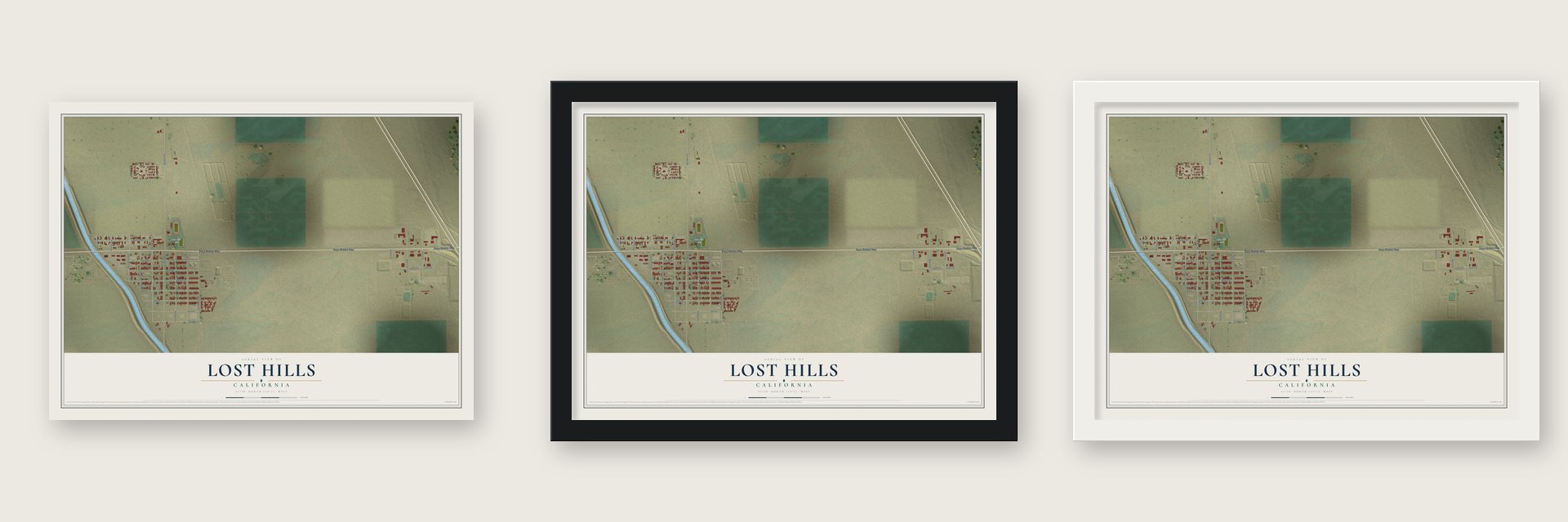 Lost Hills, California map unframed, in a black wood frame and in a white wood frame