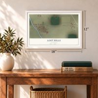 Lost Hills, California map, 12 x 18 inch print in a white frame in an entryway