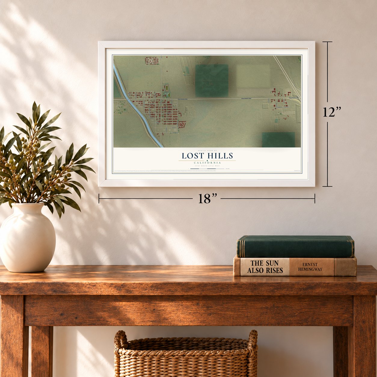 Lost Hills, California map, 12 x 18 inch print in a white frame in an entryway
