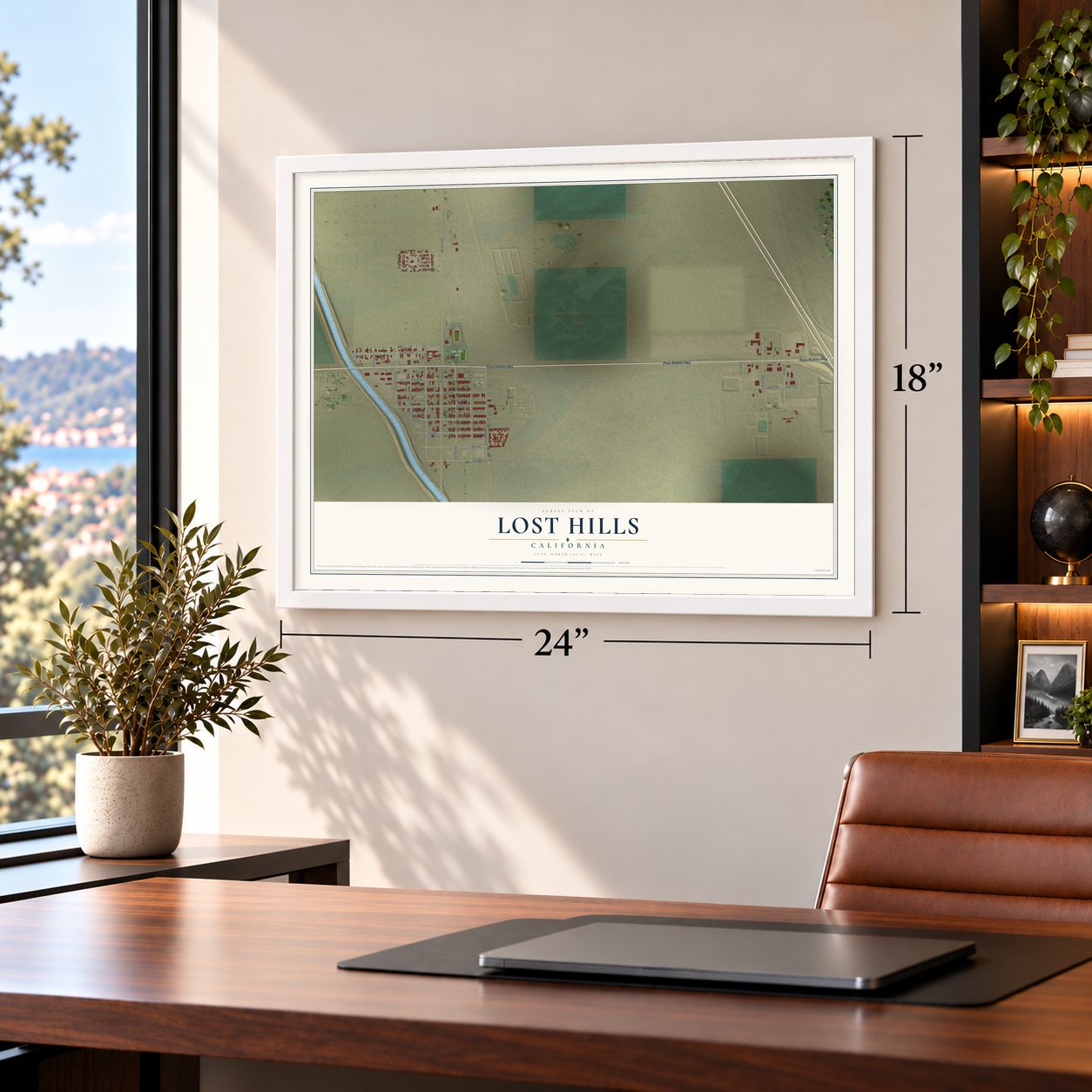 Lost Hills, California map, 18 x 24 inch print in a white frame in a home office