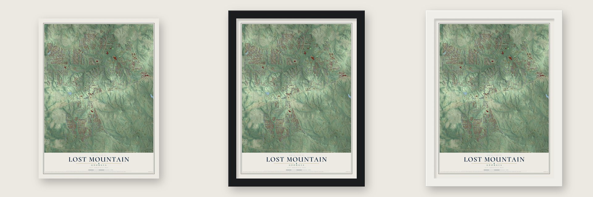 Lost Mountain, Georgia map unframed, in a black wood frame and in a white wood frame