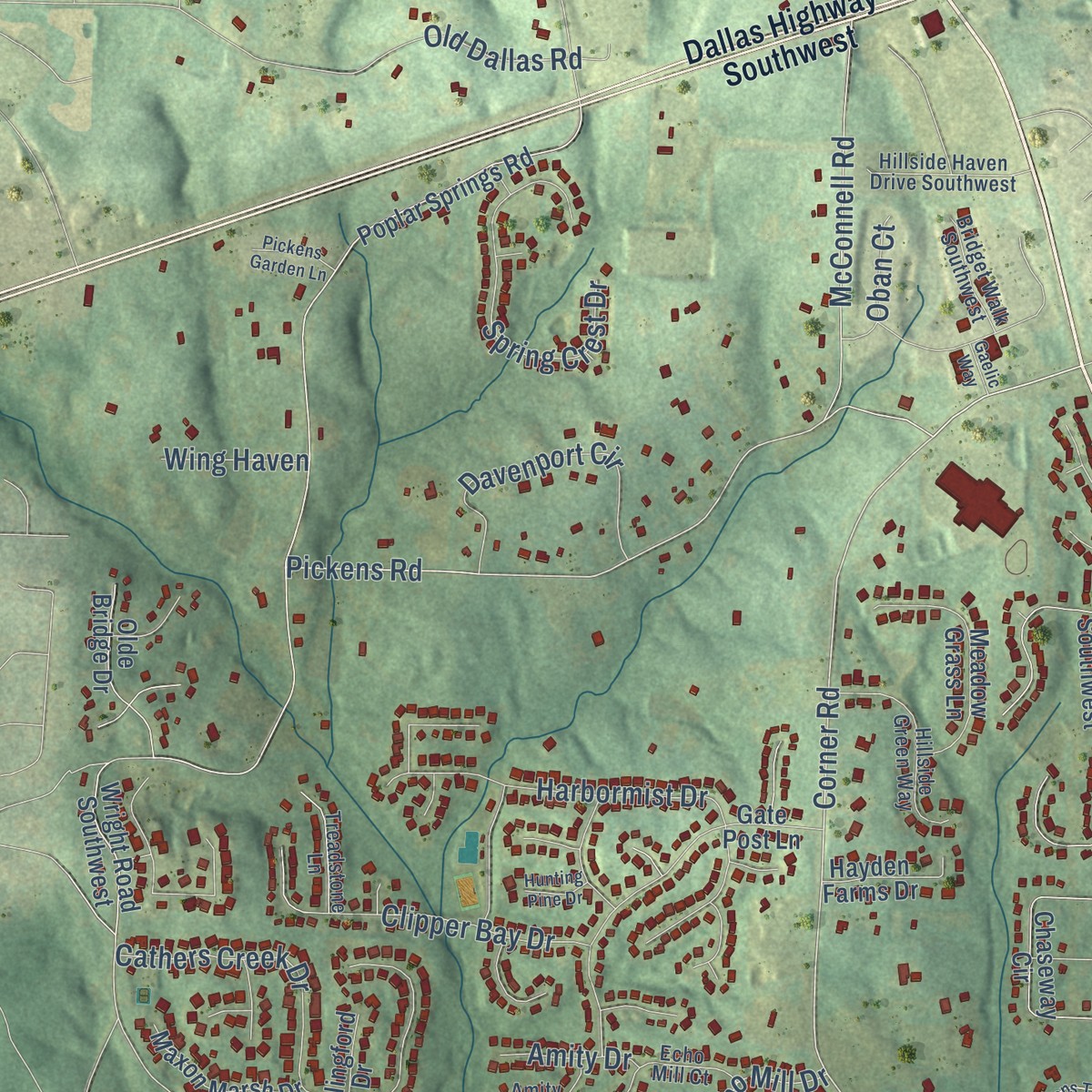 Second close-up of the map of Lost Mountain, Georgia print showing more streets and buildings
