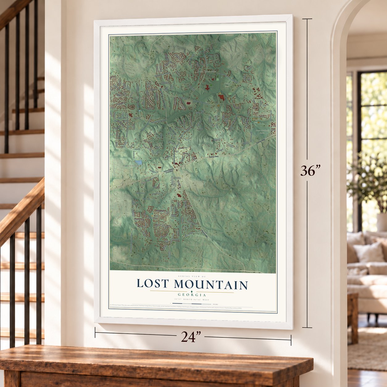 Lost Mountain, Georgia map, 24 x 36 inch print in a white frame by a staircase