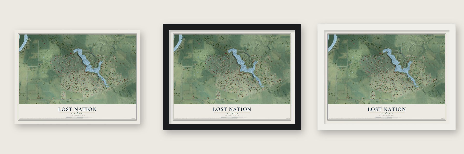 Lost Nation, Illinois map unframed, in a black wood frame and in a white wood frame