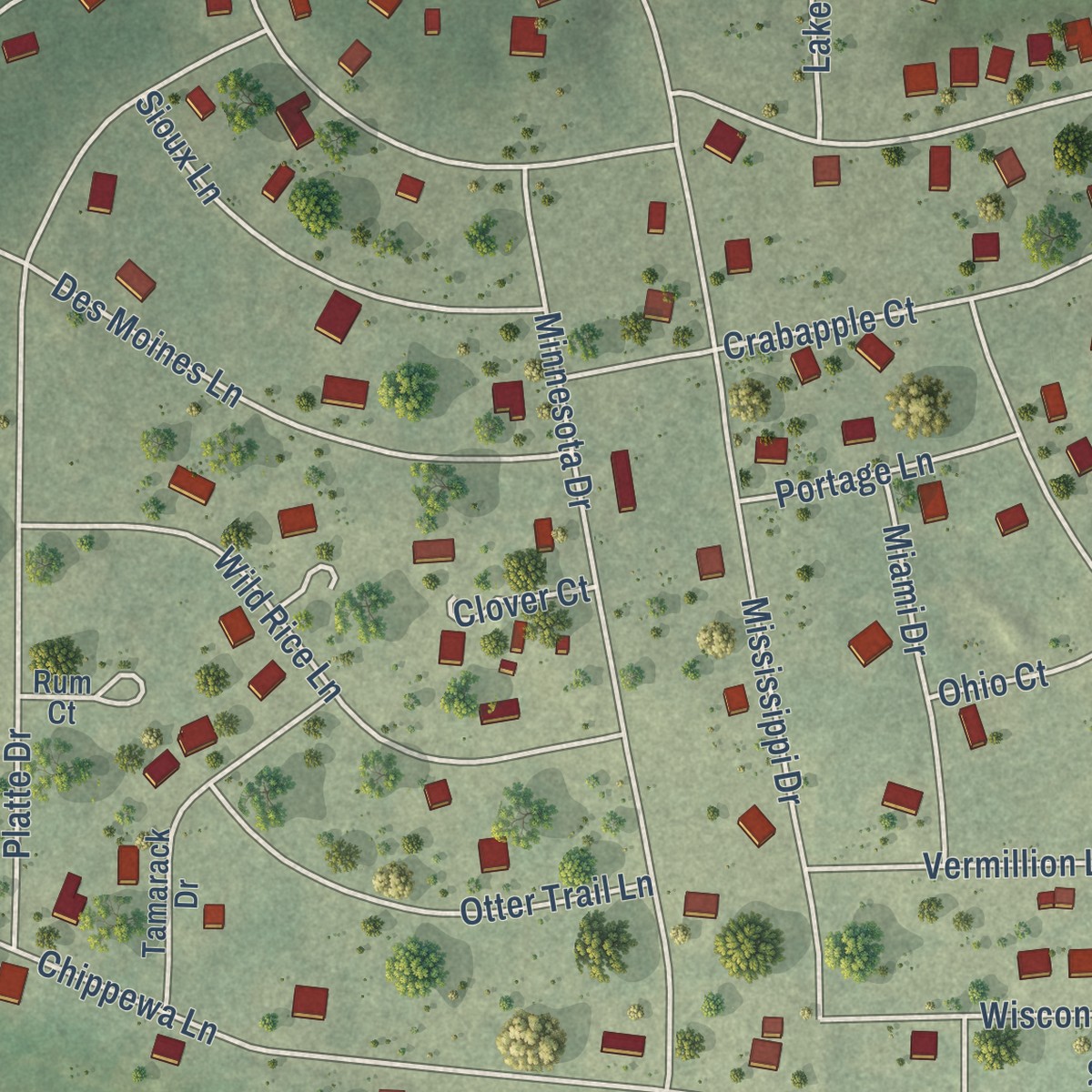 Second close-up of the map of Lost Nation, Illinois print showing more streets and buildings