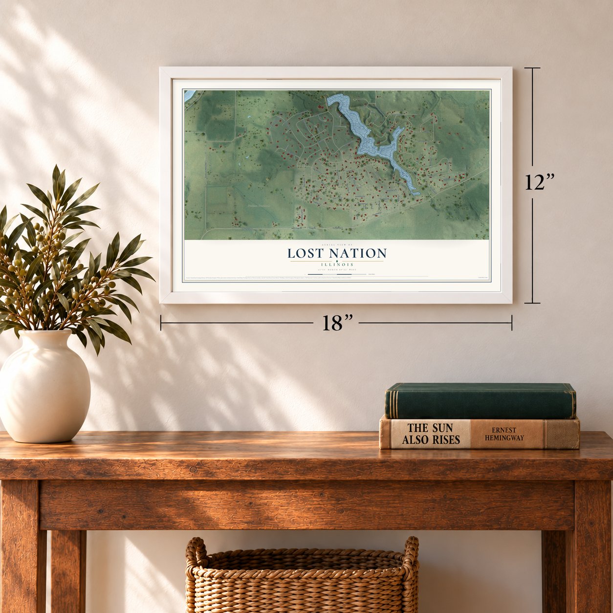 Lost Nation, Illinois map, 12 x 18 inch print in a white frame in an entryway