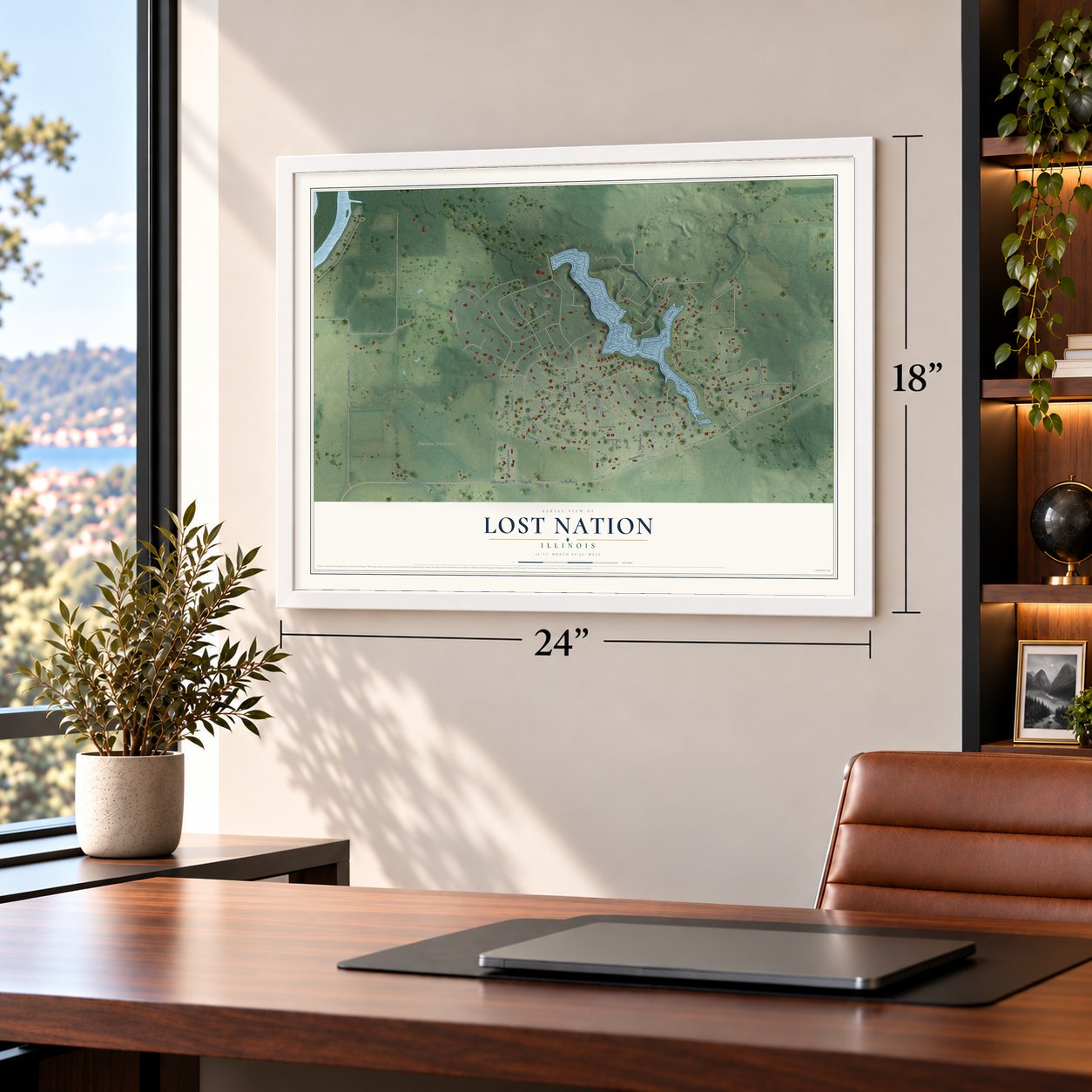 Lost Nation, Illinois map, 18 x 24 inch print in a white frame in a home office