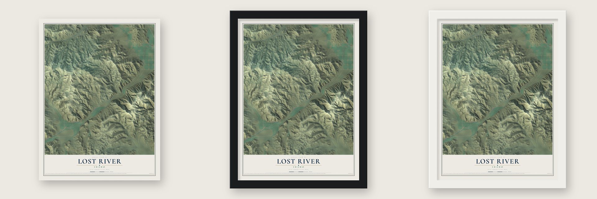 Lost River, Idaho map unframed, in a black wood frame and in a white wood frame
