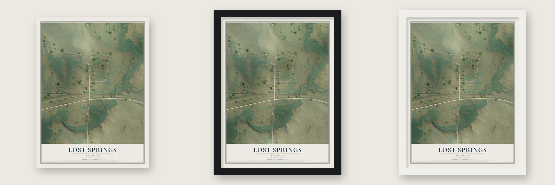 Lost Springs, Wyoming map unframed, in a black wood frame and in a white wood frame