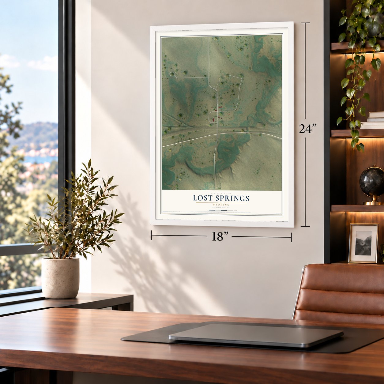 Lost Springs, Wyoming map, 18 x 24 inch print in a white frame in a home office