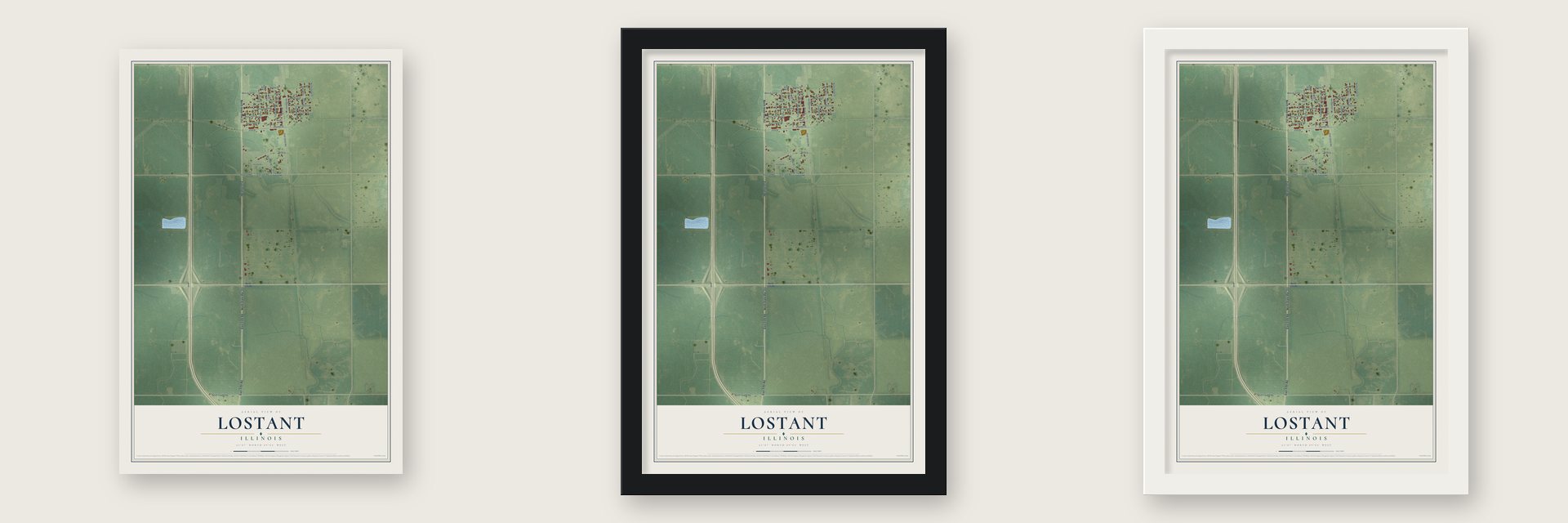 Lostant, Illinois map unframed, in a black wood frame and in a white wood frame