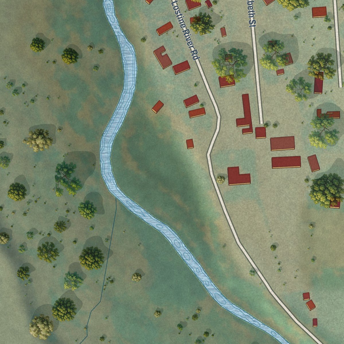 Second close-up of the map of Lostine, Oregon print showing more streets and buildings