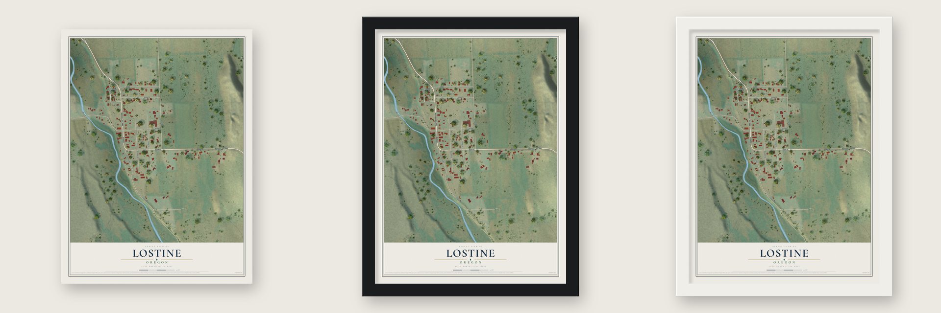 Lostine, Oregon map unframed, in a black wood frame and in a white wood frame