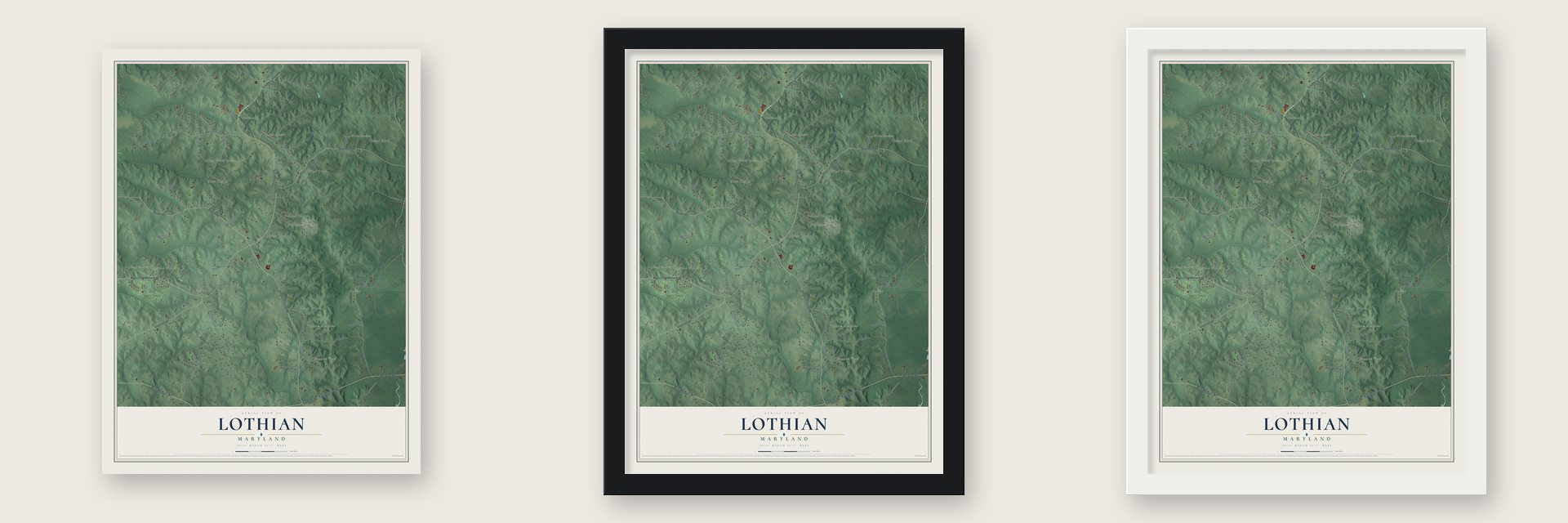 Lothian, Maryland map unframed, in a black wood frame and in a white wood frame