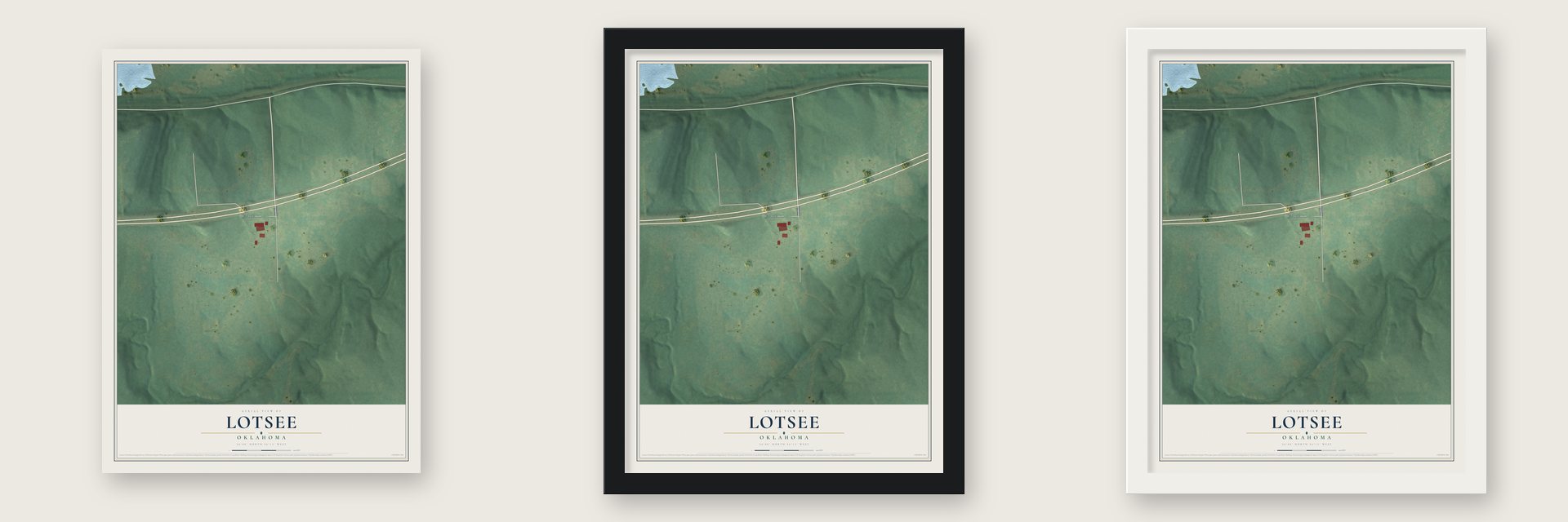 Lotsee, Oklahoma map unframed, in a black wood frame and in a white wood frame