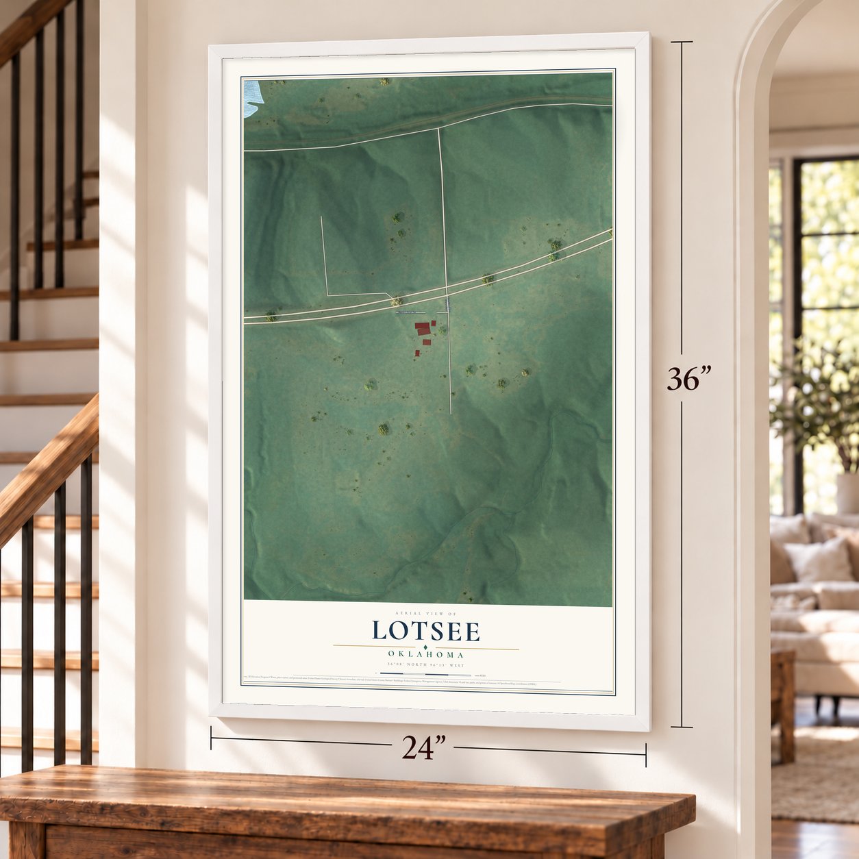 Lotsee, Oklahoma map, 24 x 36 inch print in a white frame by a staircase