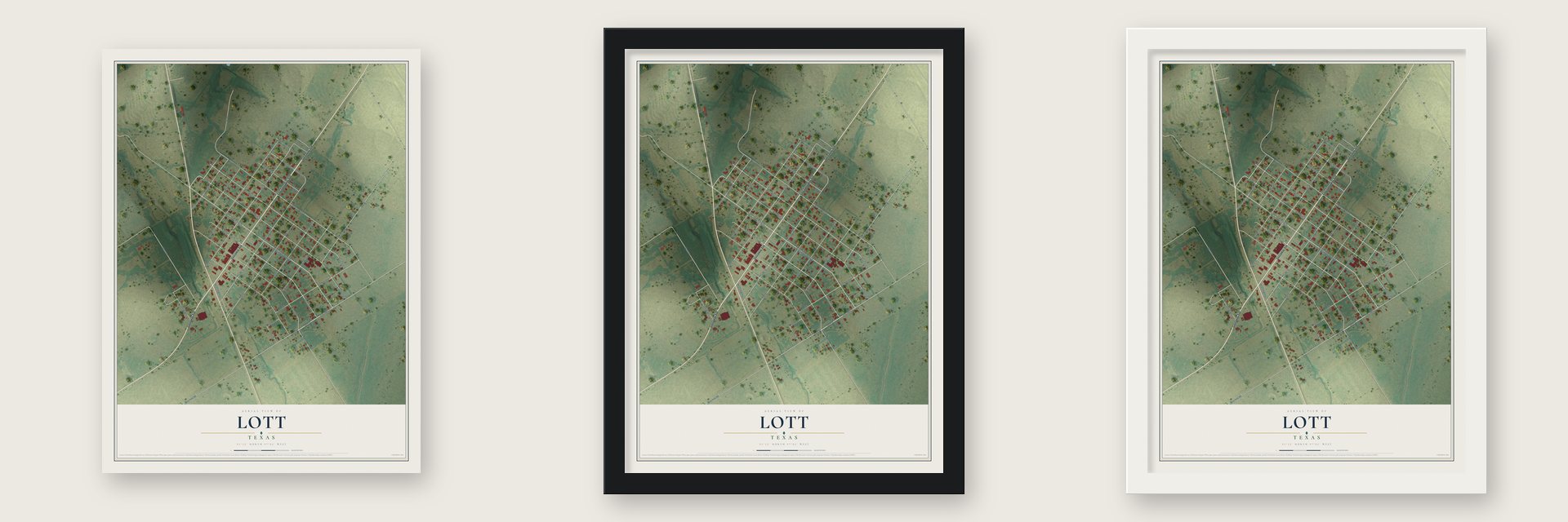 Lott, Texas map unframed, in a black wood frame and in a white wood frame
