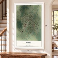 Lott, Texas map, 24 x 36 inch print in a white frame by a staircase