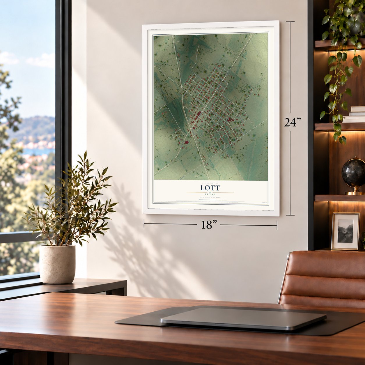Lott, Texas map, 18 x 24 inch print in a white frame in a home office