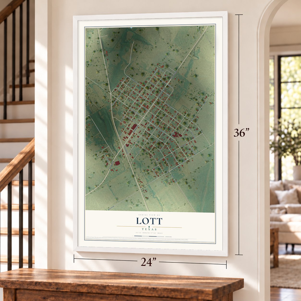 Lott, Texas map, 24 x 36 inch print in a white frame by a staircase
