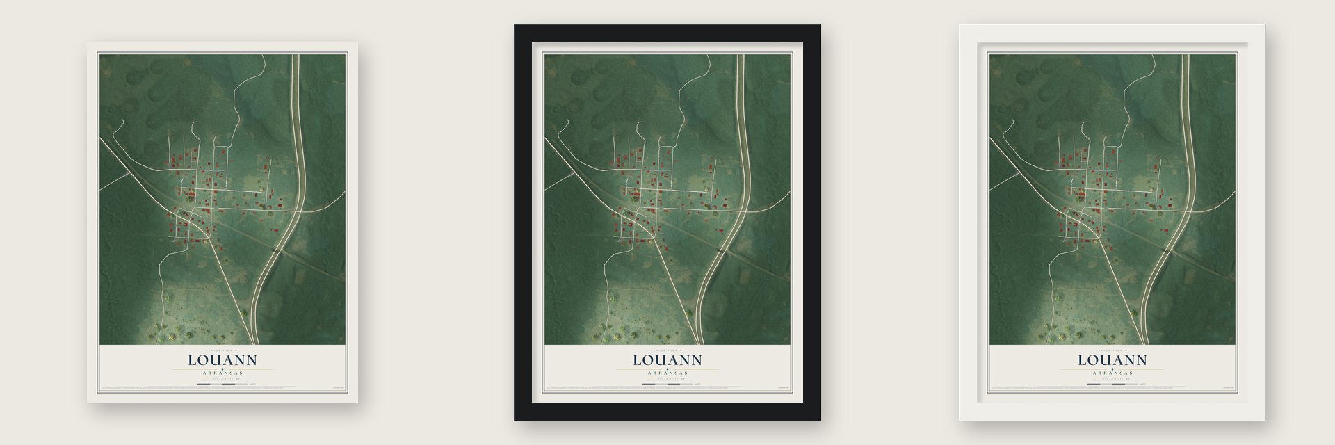 Louann, Arkansas map unframed, in a black wood frame and in a white wood frame
