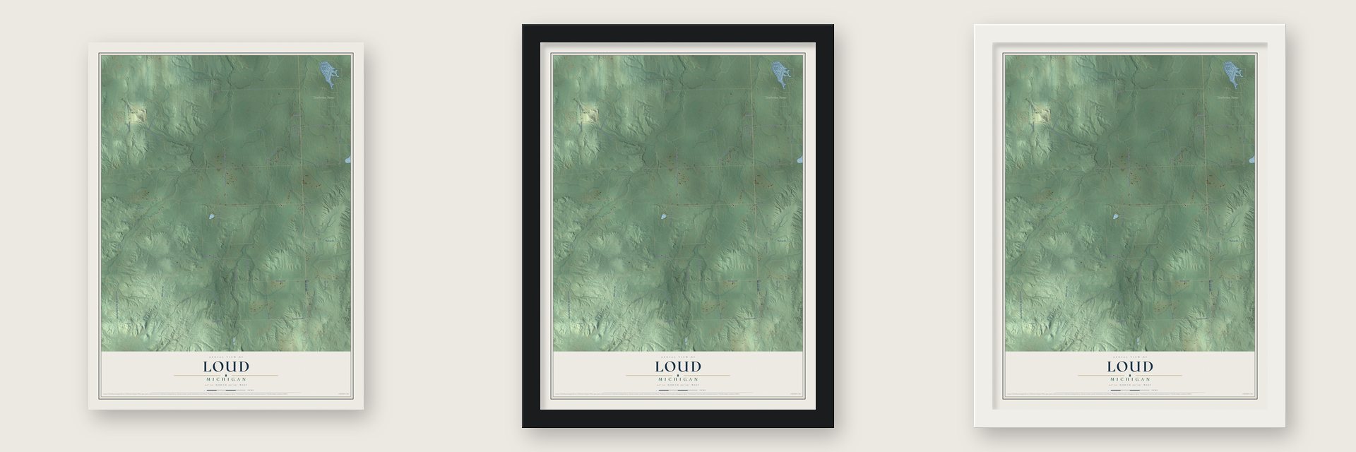 Loud, Michigan map unframed, in a black wood frame and in a white wood frame