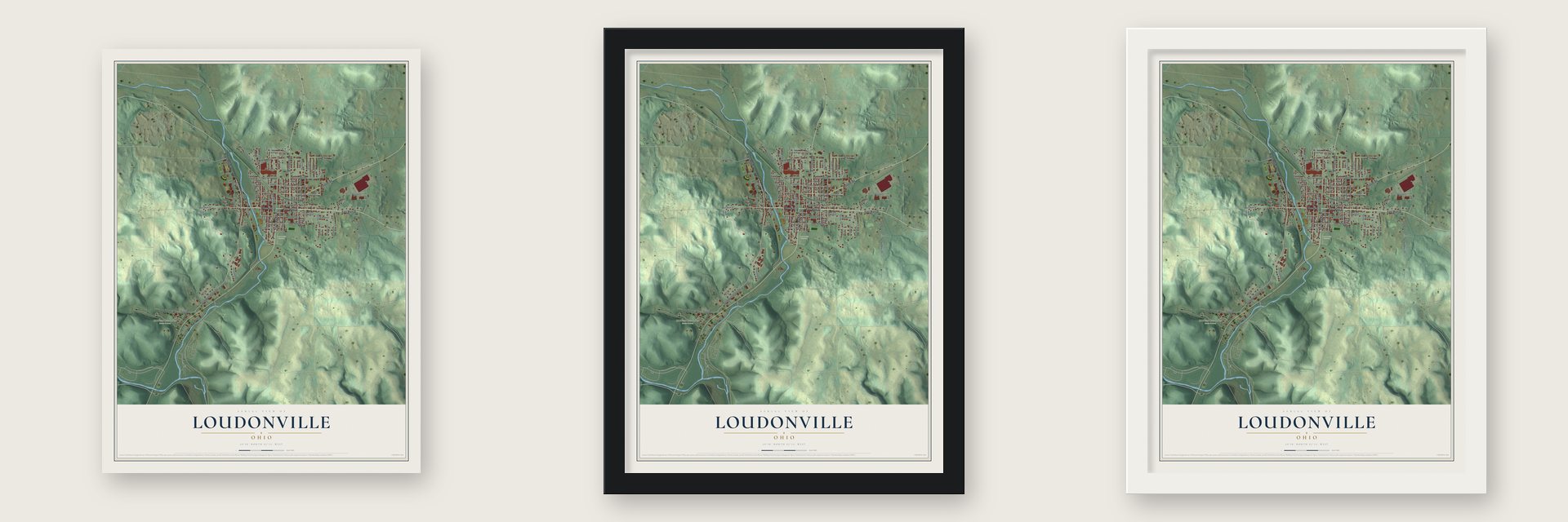 Loudonville, Ohio map unframed, in a black wood frame and in a white wood frame